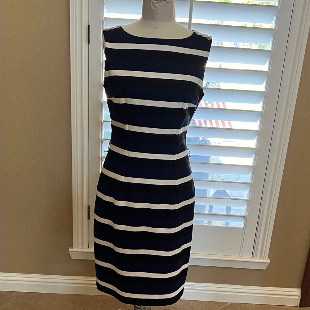 White House Black Market Navy and White Striped Midi Dress